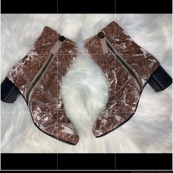 Chloe Lexie Tan Rose Crushed Velvet Angle Zip Mid Calf Boots/Booties 37 EU - Picture 3 of 12